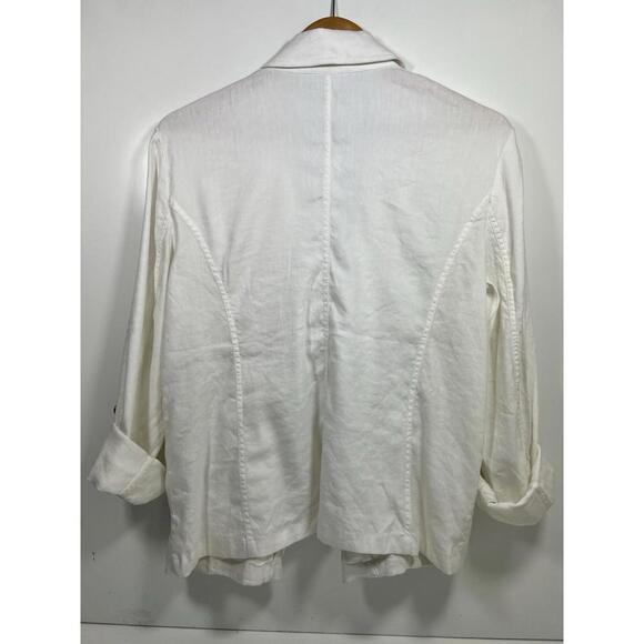 Chicos Linen Blend Stretch Blazer Alabaster Sz 1.5 US 10 Open Front Roll Sleeve - Picture 7 of 8